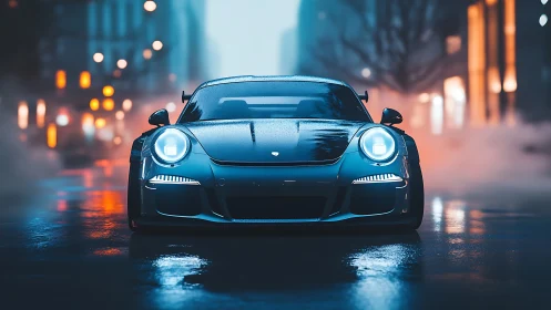 Sport coupe headlights cutting through moody wet city night.