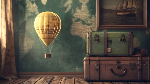 Vintage travel still life with floating balloon.