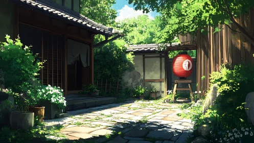 Sunlit Japanese courtyard frames red lantern under green canopy