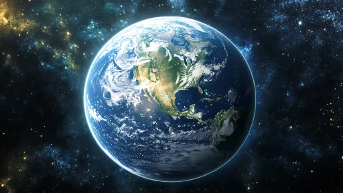 Blue planet in a starry cosmos, glowing with gentle light.