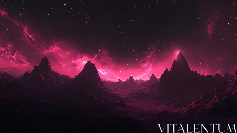 Neon magenta alien mountain range under dense star field