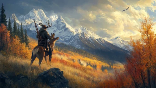 Hunter on stag overlooking alpine valley under autumn luminance.