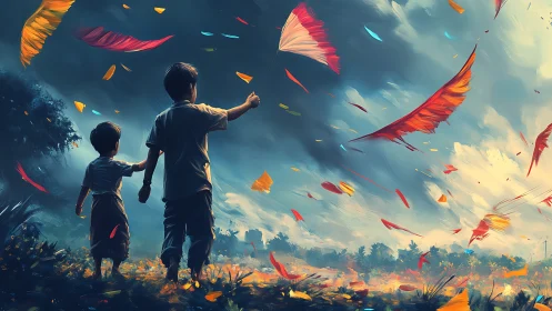 Two Young Friends Flying Colorful Kites Together