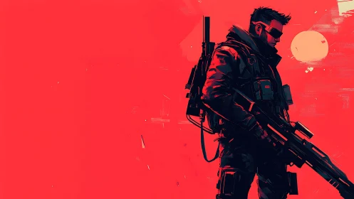 Armed cyberpunk soldier stands against vivid red backdrop.