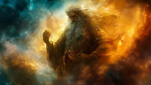 Elderly robed figure emerges from swirling cosmic clouds