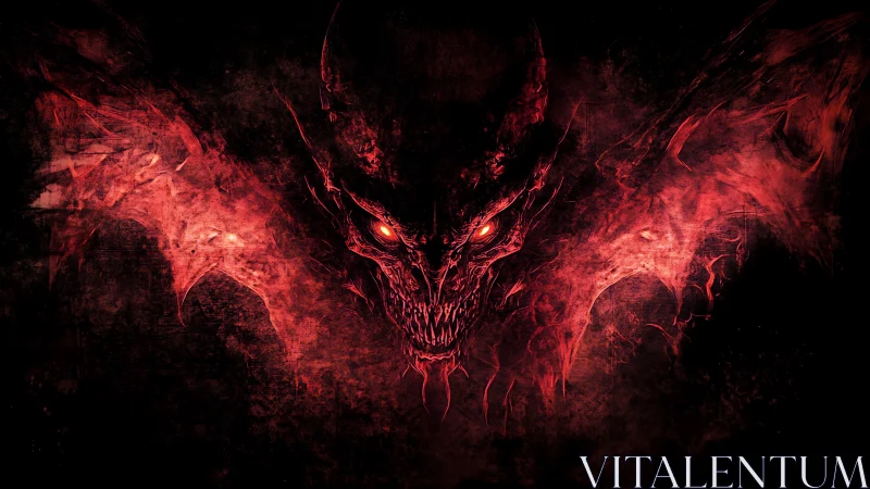 Digital painting of demonic red visage with flanking spectral forms.