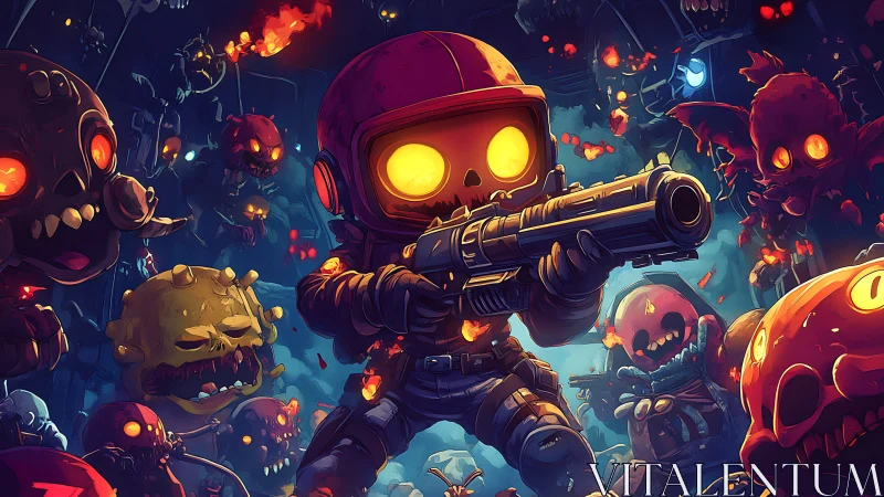 Glow-eyed space ranger battling playful cosmic monsters.