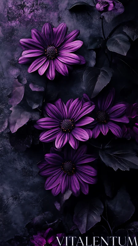 Purple Daisies Against Dark Textured Background.
