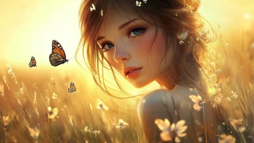 Golden meadow girl meets butterflies in soft evening light