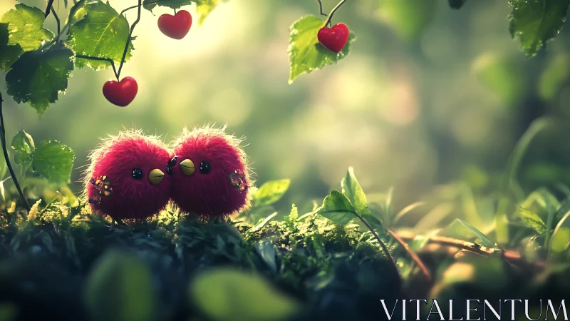 Enchanted Red Creatures Among Heart-Shaped Apples.