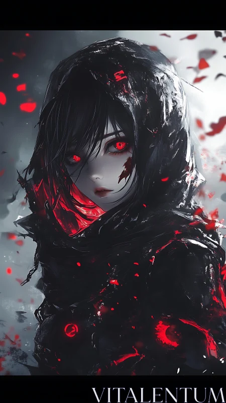 Hooded ember-eyed reaper wrapped in stormy crimson dusk.