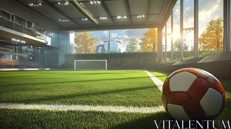 Indoor training pitch with autumn-lit glazing and match ball foreground