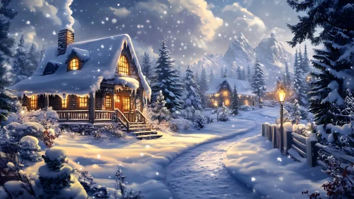 Cozy winter cabins glowing softly in a peaceful snowy forest.