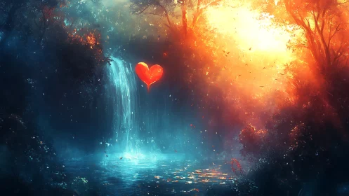 Luminescent waterfall landscape with suspended glowing heart symbol