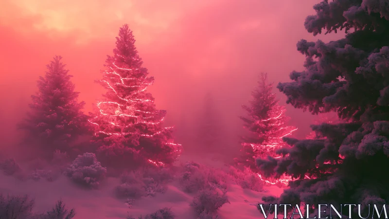 Glowing winter pines share soft pink magic in snowy mist