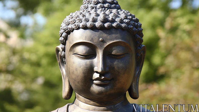 Bronze Buddha head statue outdoors in soft natural light.