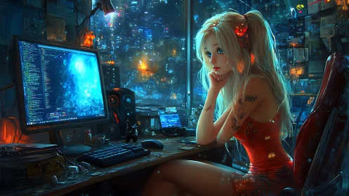 Cyberpunk hacker girl gazes at neon city from glowing desk