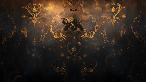 Baroque floral damask glowing against dark patinaed wall.
