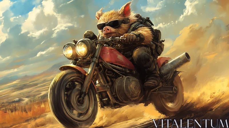 Armored pig riding motorcycle through dusty landscape.