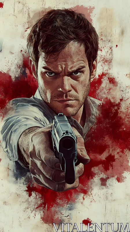 Intense gunman stares down viewer against blood-red splashes