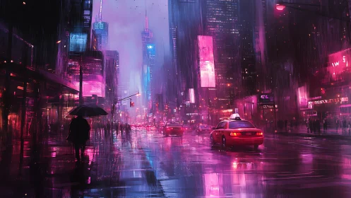 Neon rainstorm taxis through a violet soaked cyber city.