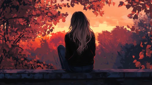 Backlit figure on ledge amid high-saturation autumn canopy.