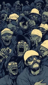 Haunting crowd of ghoulish faces in eerie blue tones.