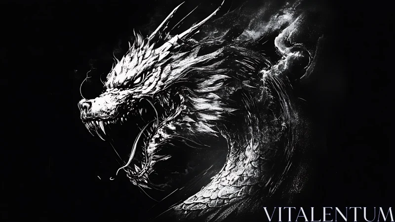 White dragon head roaring on stark black background.