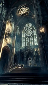 Gothic cathedral interior, high-vaulted nave with stained glass illumination.