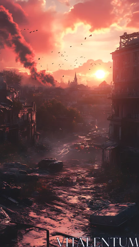 Postwar urban ruin under smoke-filled sunset sky glow