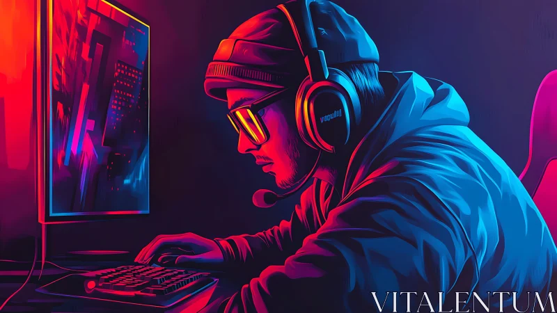 Gamer using computer in neon lit environment, side profile.