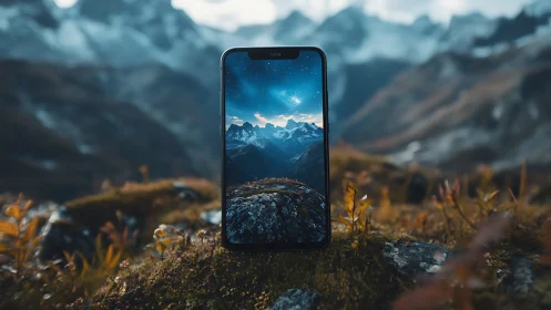 Smartphone framing alpine mountains in sharp contrast.