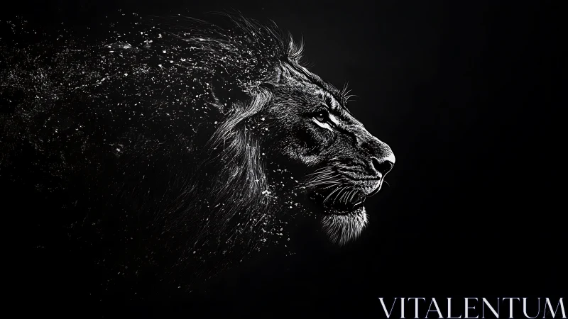High-contrast lion profile dissolving into particle streak trails