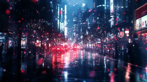 Neon city avenue glowing through rain soaked nightscape.
