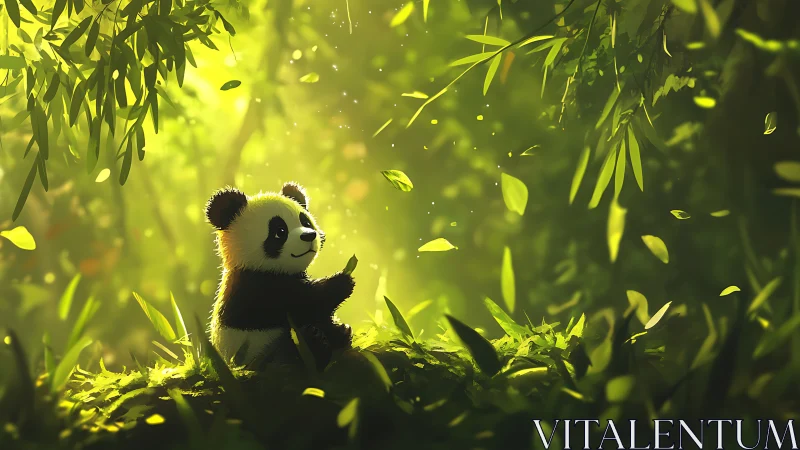 Playful panda cub basks in glowing forest light peacefully.