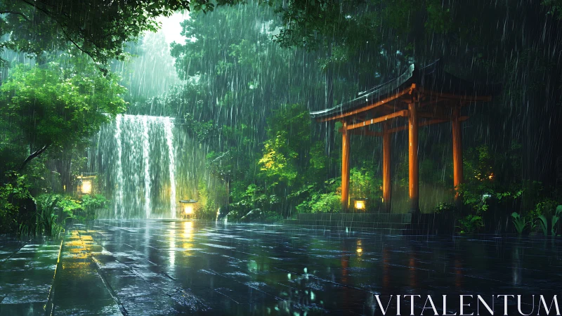 Digital painting of rainy shrine courtyard with waterfall focus.