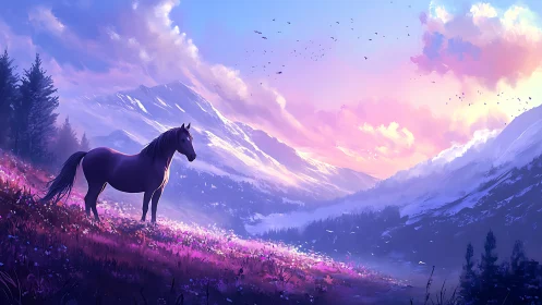 Solitary horse over violet alpine valley at sunrise.