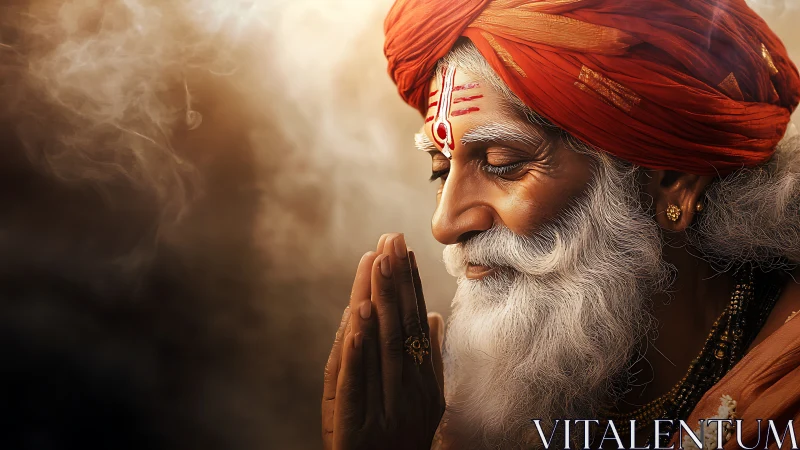 Elderly sage in prayer bathed in warm cinematic light.