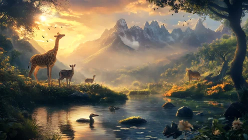 Giraffe and zebra stand by reflective river under misty peaks