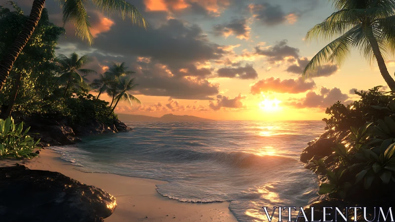 Tropical shoreline sunset with palm silhouettes and soft waves.