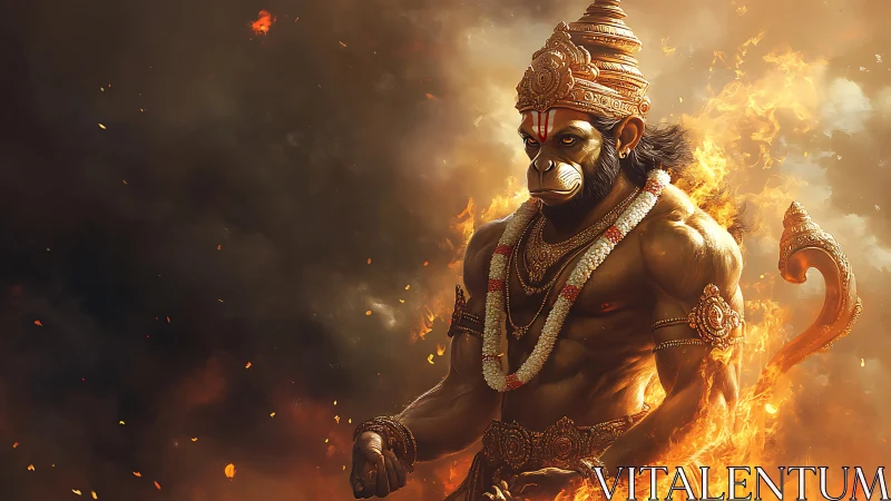 Mythic warrior deity rendered with high-detail volumetric fire effects