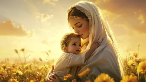 Mother holding child in glowing flower field at sunset.