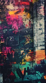 Layered neon graffiti textures blur along distressed wall