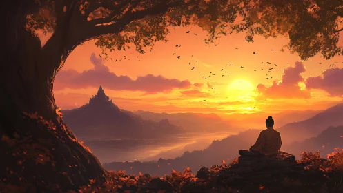 Monk contemplates a luminous mountain temple at sunset