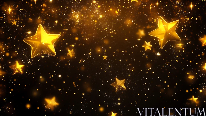 Gold five-pointed star shapes float on dark glitter field