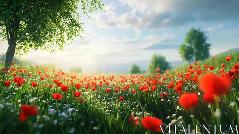 Red poppy field with scattered trees under soft daylight.