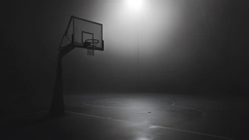 Lonely outdoor basketball hoop under harsh night spotlight.