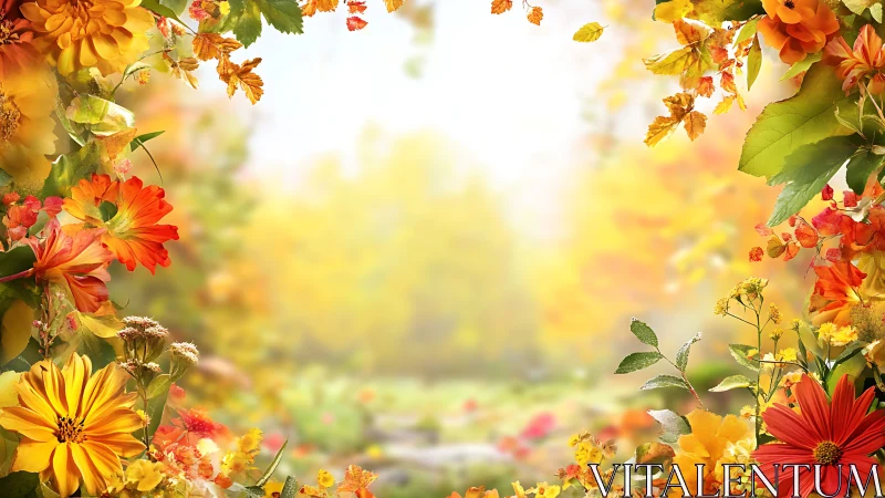 Autumn floral border framing soft-focus garden background.
