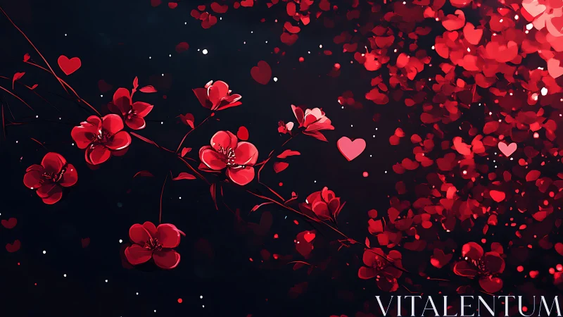 Red Flowers and Hearts on Dark Background.
