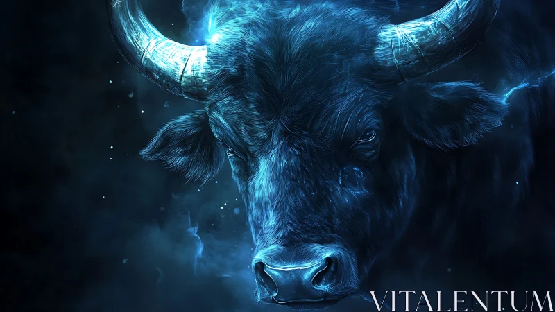 Glowing blue bull portrait with intense forward stare.